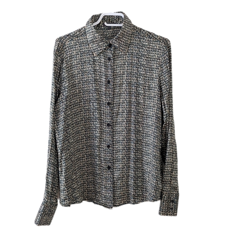 LINE 100% silk abstract print shirt blouse blue brown size Large @T1